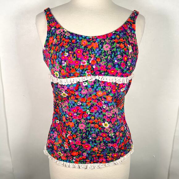 Vtg Women's Floral Tankini Top XS Pink Purple Lace Trim Sleeveless Swim Beach - Picture 9 of 9
